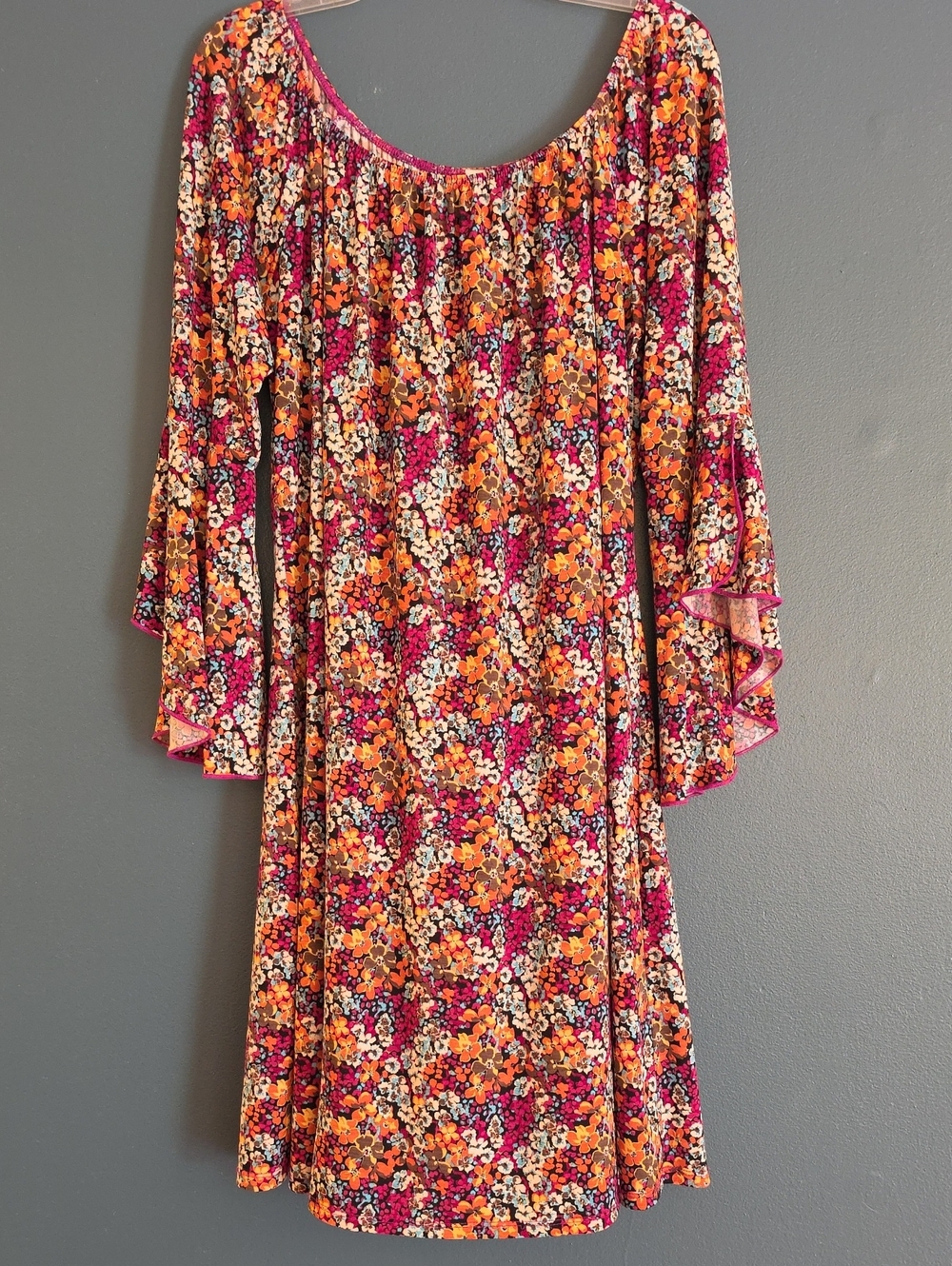 Honeyme Floral Long-Sleeve Scoop Dress in Orange & Pink